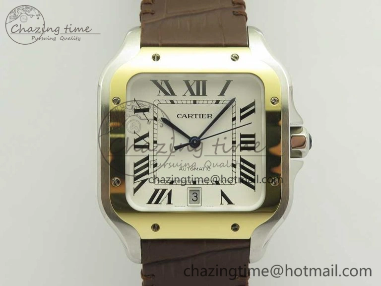 Santos de Cartier 40mm 2018 V6F 1:1 Best Edition White Dial YG Bezel on Deep Brown Leather Strap MIYOTA 9015