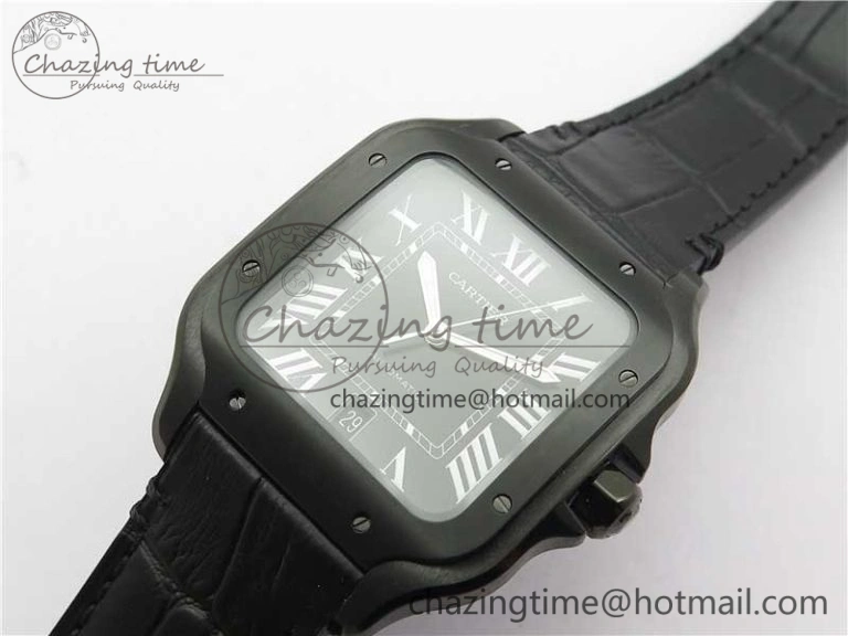 Santos de Cartier 40mm DLC V6F 1:1 Best Edition Black Dial on Black Leather Strap MIYOTA 9015