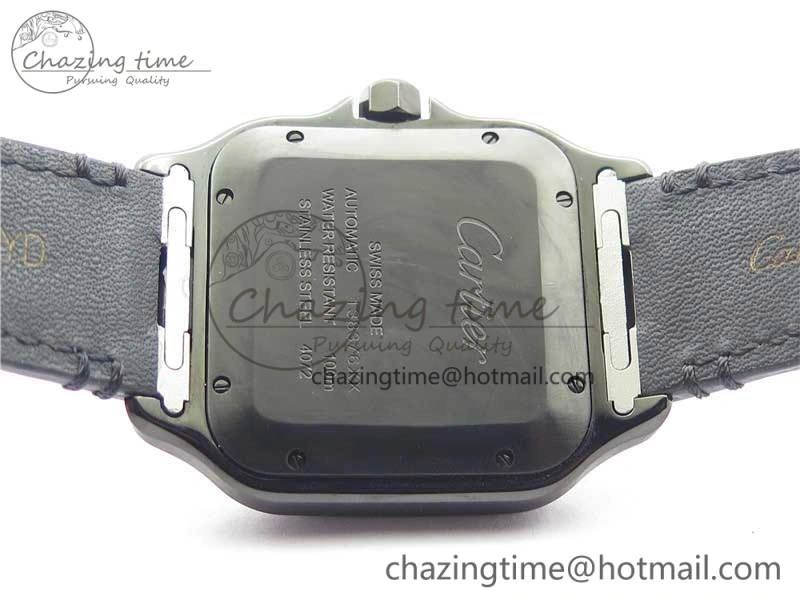Santos de Cartier 40mm DLC V6F 1:1 Best Edition Black Dial on Black Leather Strap MIYOTA 9015