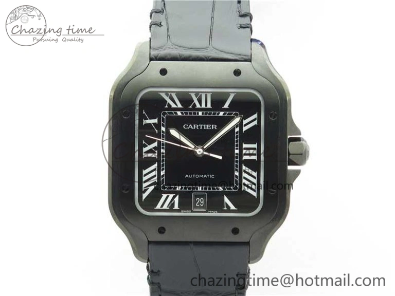 Santos de Cartier 40mm DLC V6F 1:1 Best Edition Black Dial on Black Leather Strap MIYOTA 9015