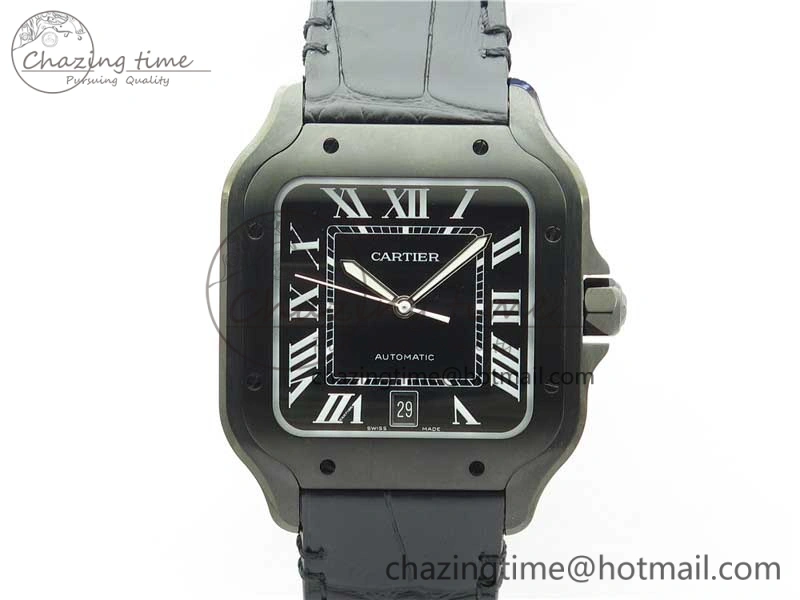 Santos de Cartier 40mm DLC V6F 1:1 Best Edition Black Dial on Black Leather Strap MIYOTA 9015