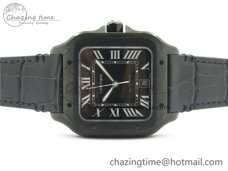 Santos de Cartier 40mm DLC V6F 1:1 Best Edition Black Dial on Black Leather Strap MIYOTA 9015