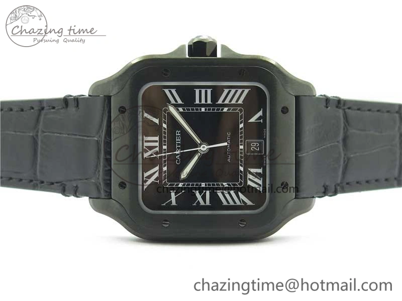 Santos de Cartier 40mm DLC V6F 1:1 Best Edition Black Dial on Black Leather Strap MIYOTA 9015