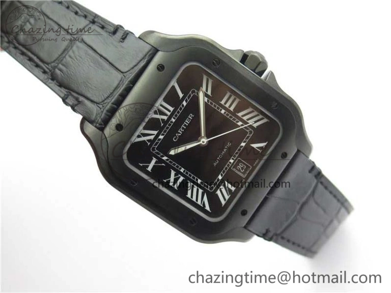 Santos de Cartier 40mm DLC V6F 1:1 Best Edition Black Dial on Black Leather Strap MIYOTA 9015