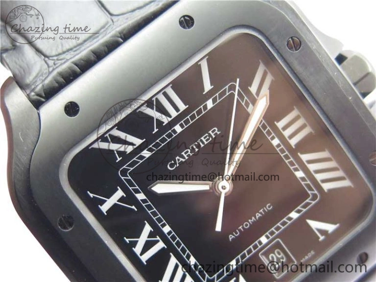 Santos de Cartier 40mm DLC V6F 1:1 Best Edition Black Dial on Black Leather Strap MIYOTA 9015