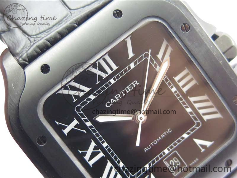 Santos de Cartier 40mm DLC V6F 1:1 Best Edition Black Dial on Black Leather Strap MIYOTA 9015