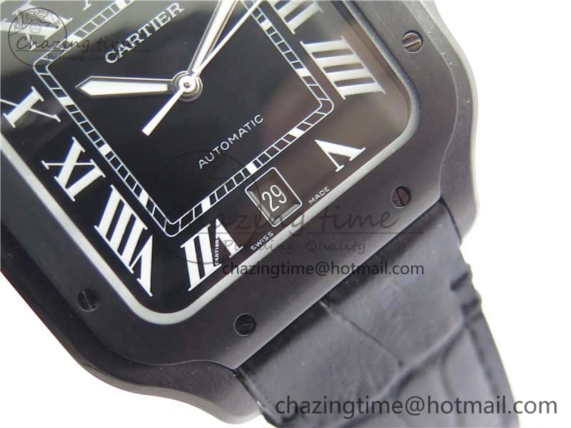 Santos de Cartier 40mm DLC V6F 1:1 Best Edition Black Dial on Black Leather Strap MIYOTA 9015