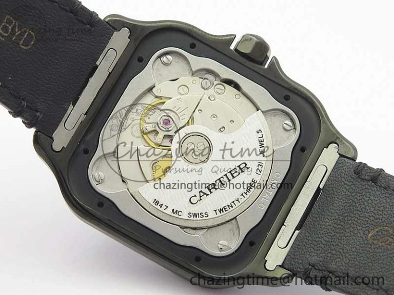 Santos de Cartier 40mm DLC V6F 1:1 Best Edition Black Dial on Black Leather Strap MIYOTA 9015