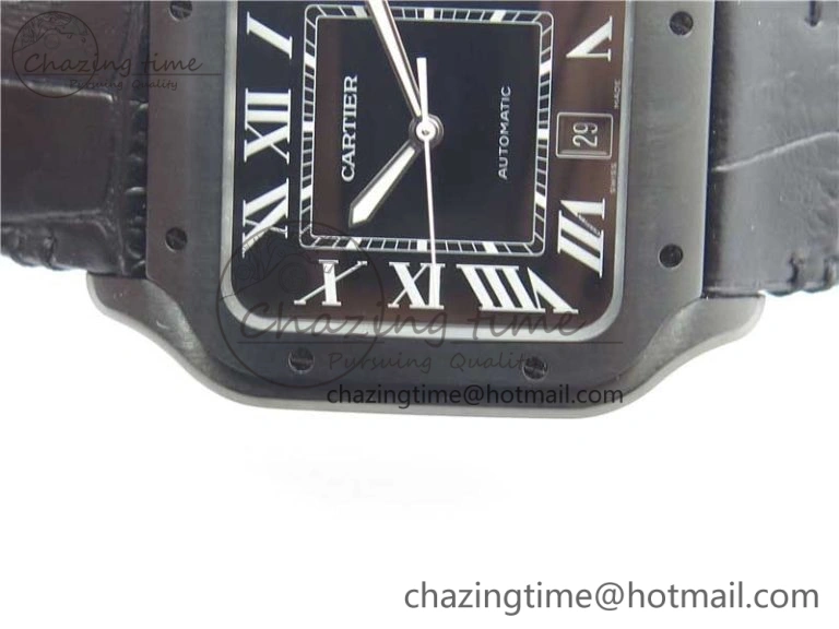 Santos de Cartier 40mm DLC V6F 1:1 Best Edition Black Dial on Black Leather Strap MIYOTA 9015