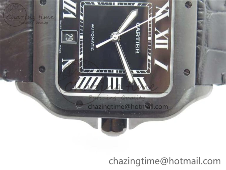 Santos de Cartier 40mm DLC V6F 1:1 Best Edition Black Dial on Black Leather Strap MIYOTA 9015