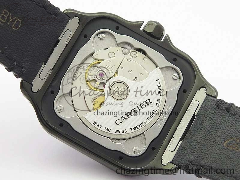 Santos de Cartier 40mm DLC V6F 1:1 Best Edition Black Dial on Black Leather Strap MIYOTA 9015