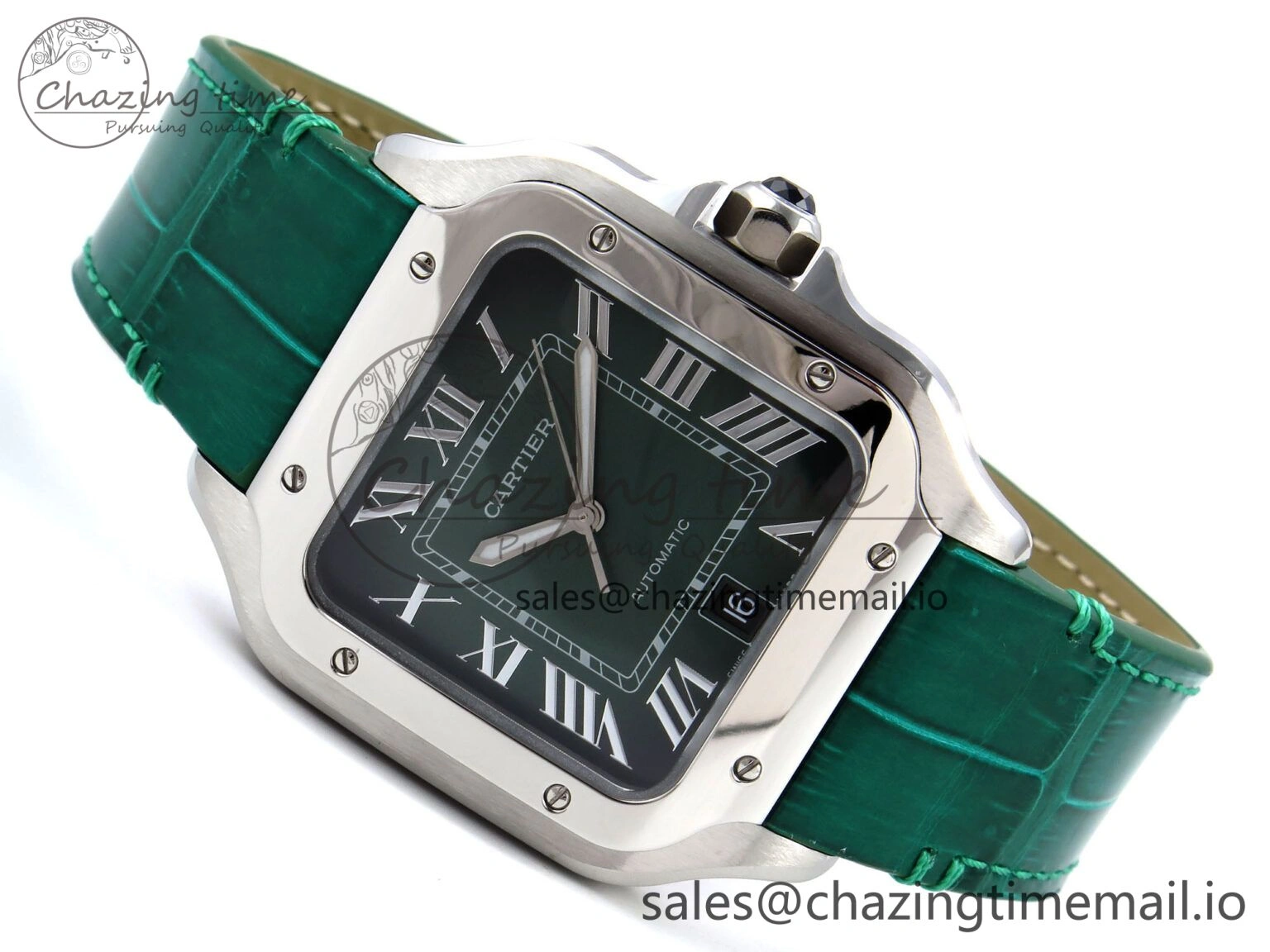 Santos de Cartier 40mm SS AF 1:1 Best Edition Green Dial on Green Leather Strap MIYOTA 9015