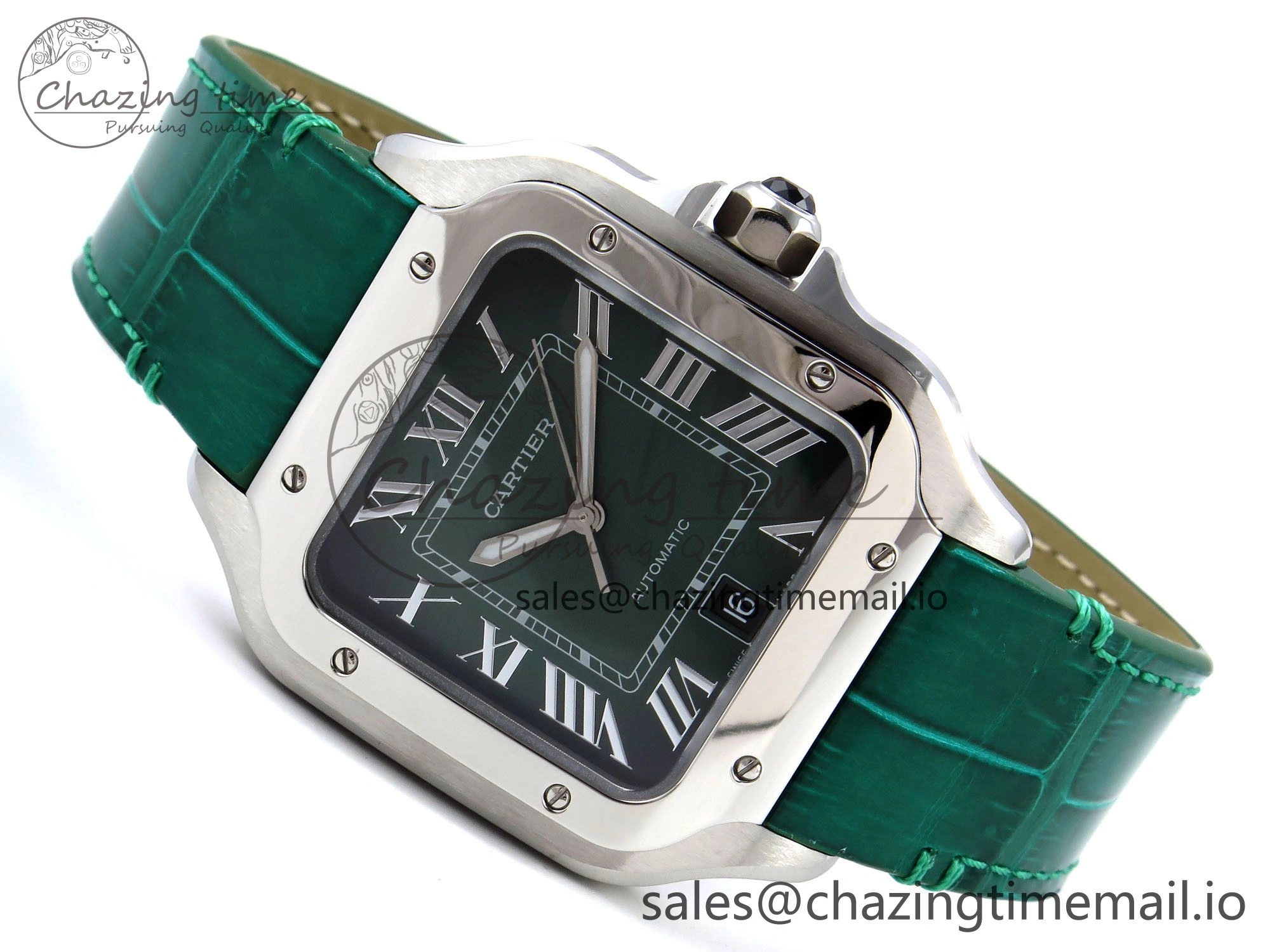 Santos de Cartier 40mm SS AF 1:1 Best Edition Green Dial on Green Leather Strap MIYOTA 9015