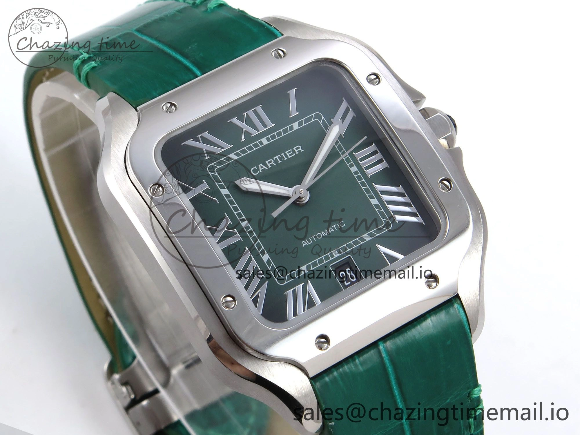 Santos de Cartier 40mm SS AF 1:1 Best Edition Green Dial on Green Leather Strap MIYOTA 9015