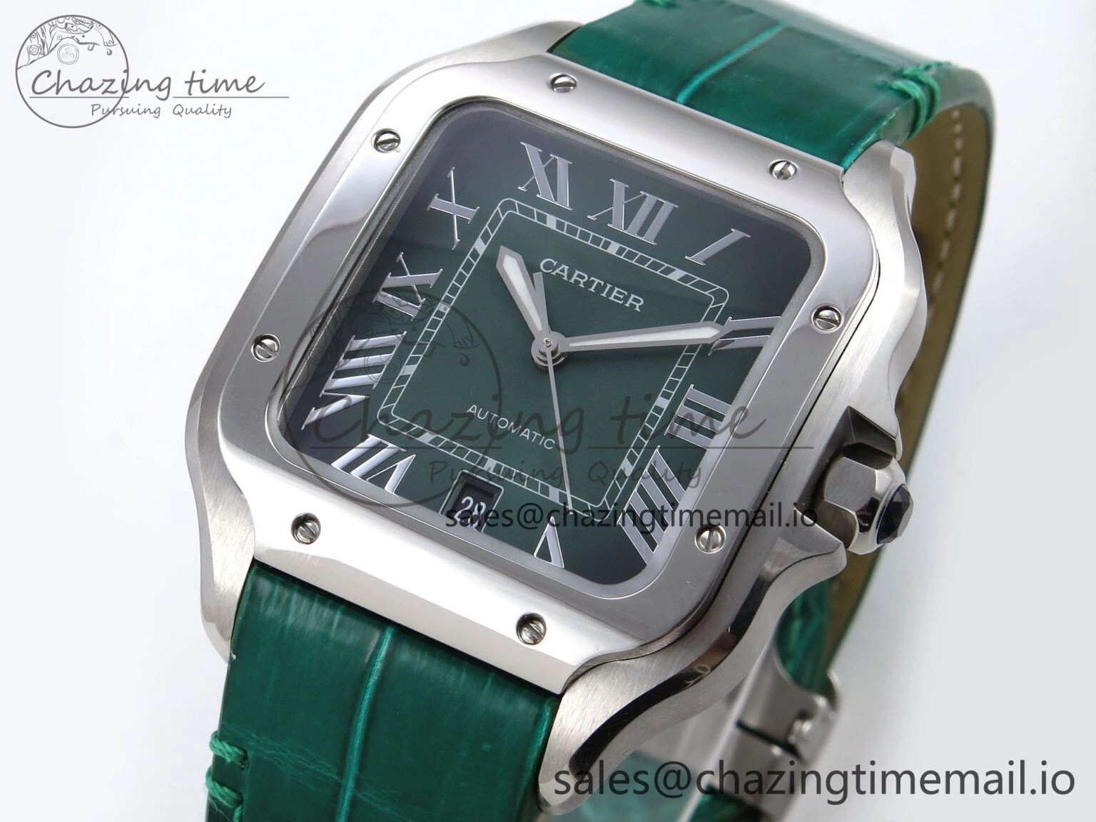Santos de Cartier 40mm SS AF 1:1 Best Edition Green Dial on Green Leather Strap MIYOTA 9015