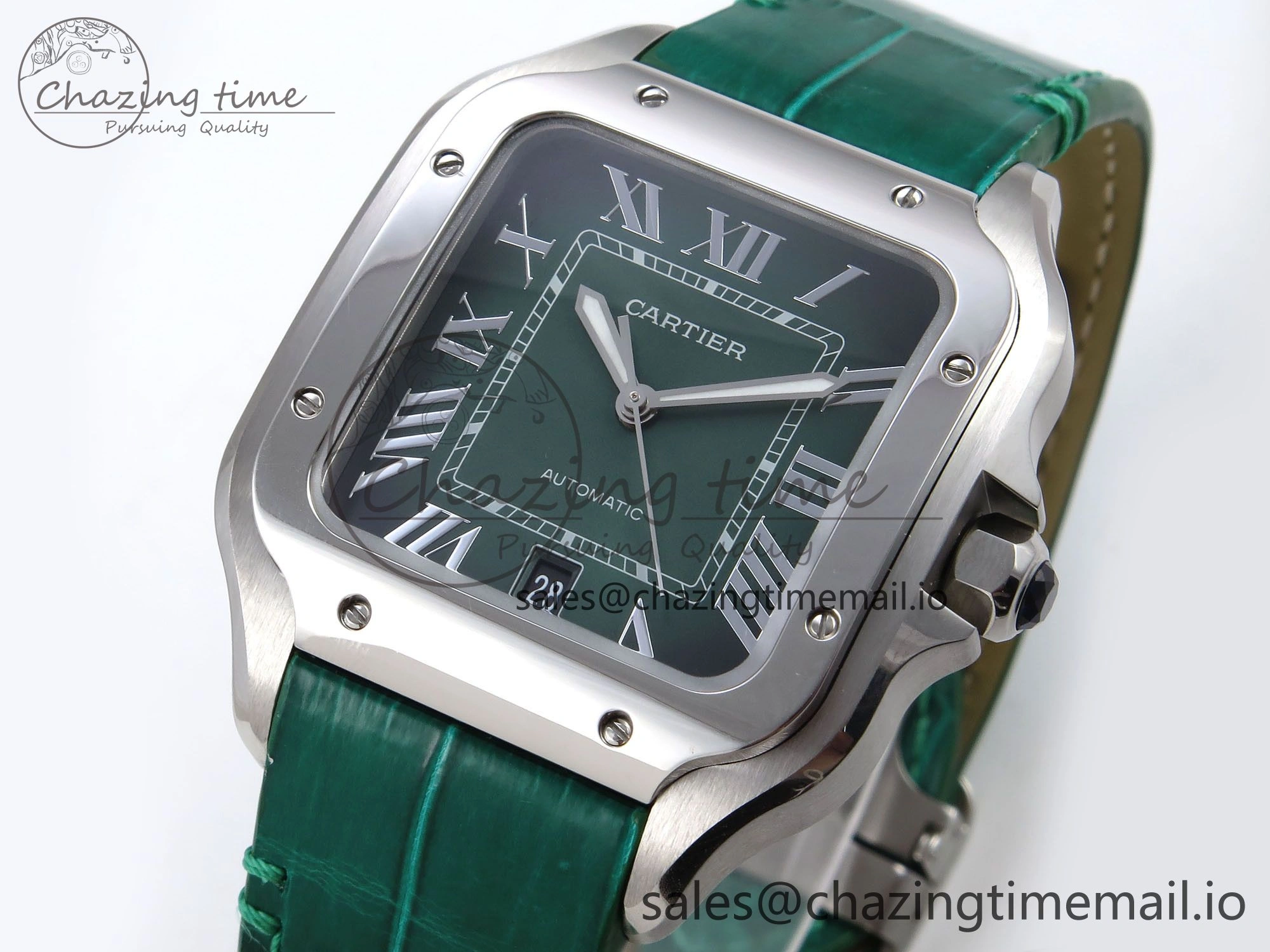 Santos de Cartier 40mm SS AF 1:1 Best Edition Green Dial on Green Leather Strap MIYOTA 9015
