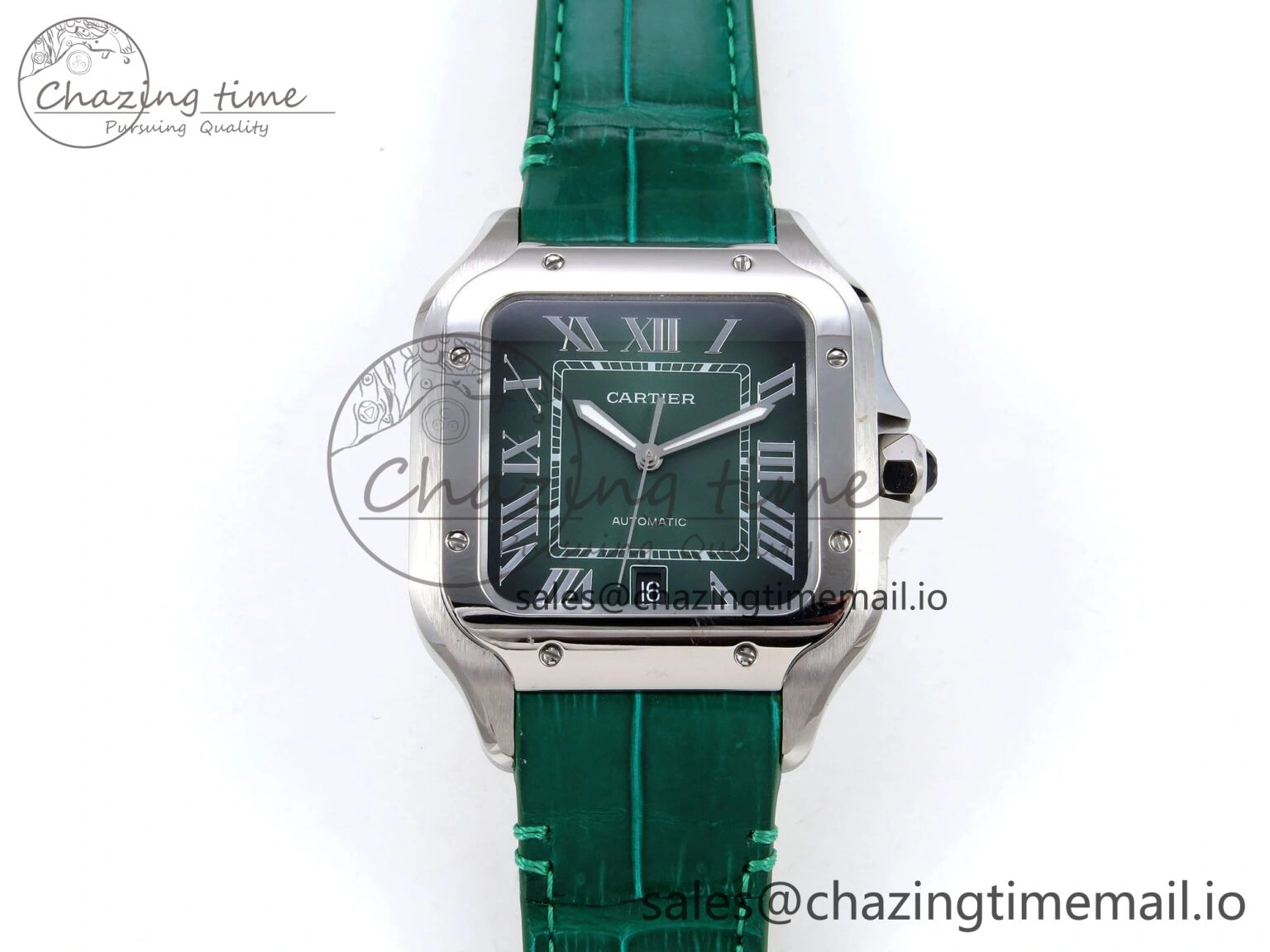 Santos de Cartier 40mm SS AF 1:1 Best Edition Green Dial on Green Leather Strap MIYOTA 9015