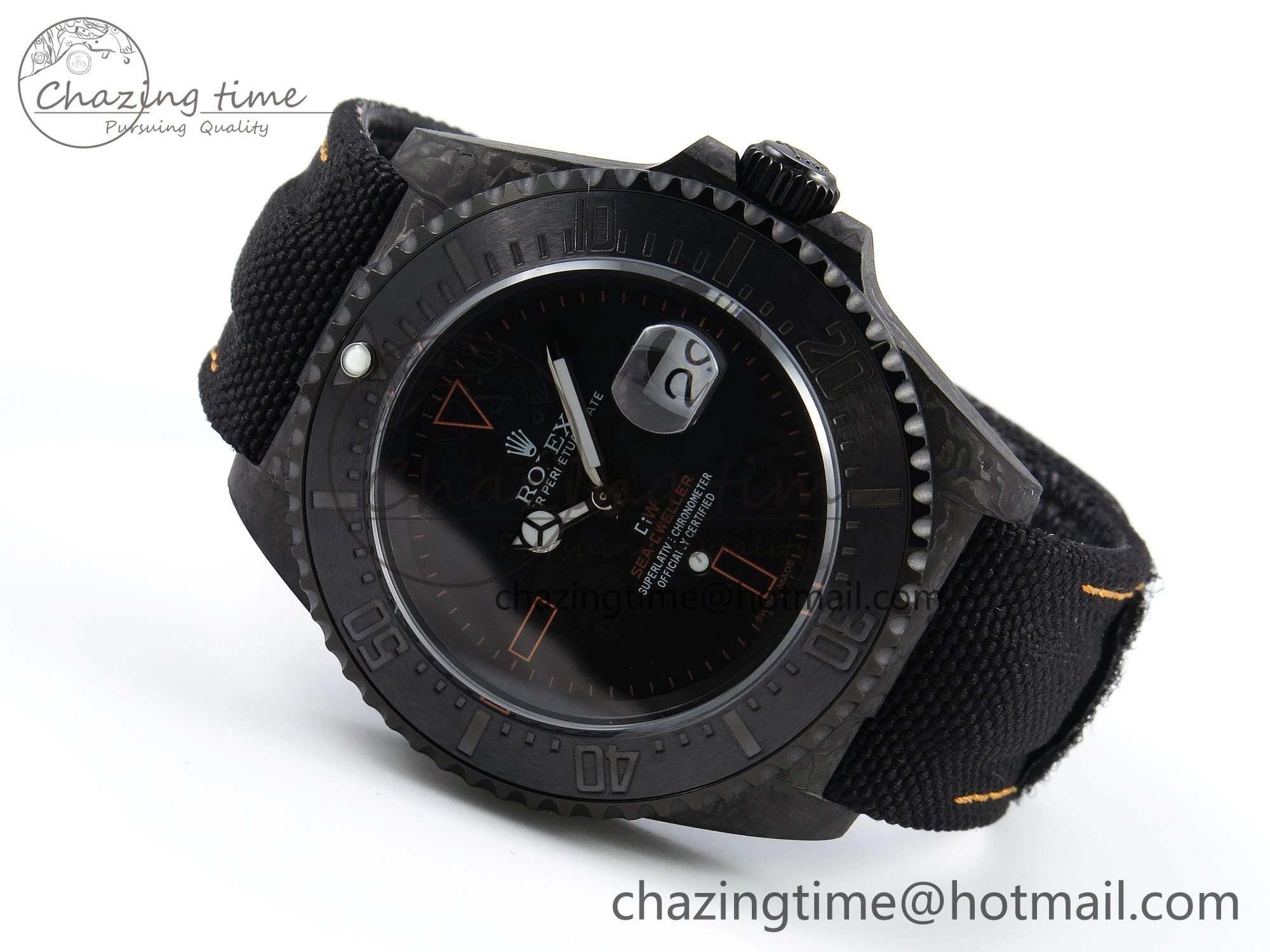 Sea Dweller 43mm Carbon DIWF Best Edition Black Dial Orange Markers on Black Nylon Strap A2824