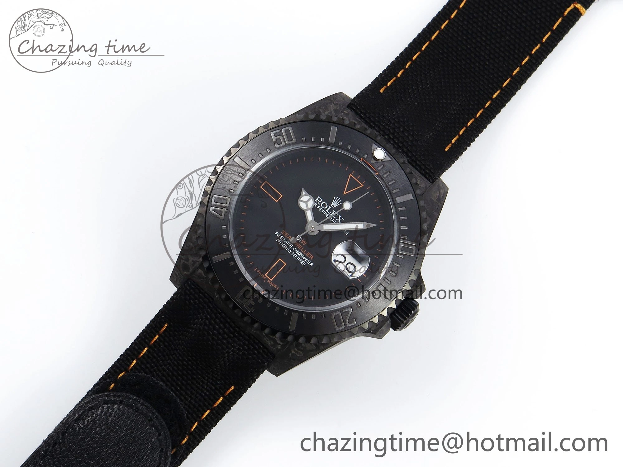 Sea Dweller 43mm Carbon DIWF Best Edition Black Dial Orange Markers on Black Nylon Strap A2824