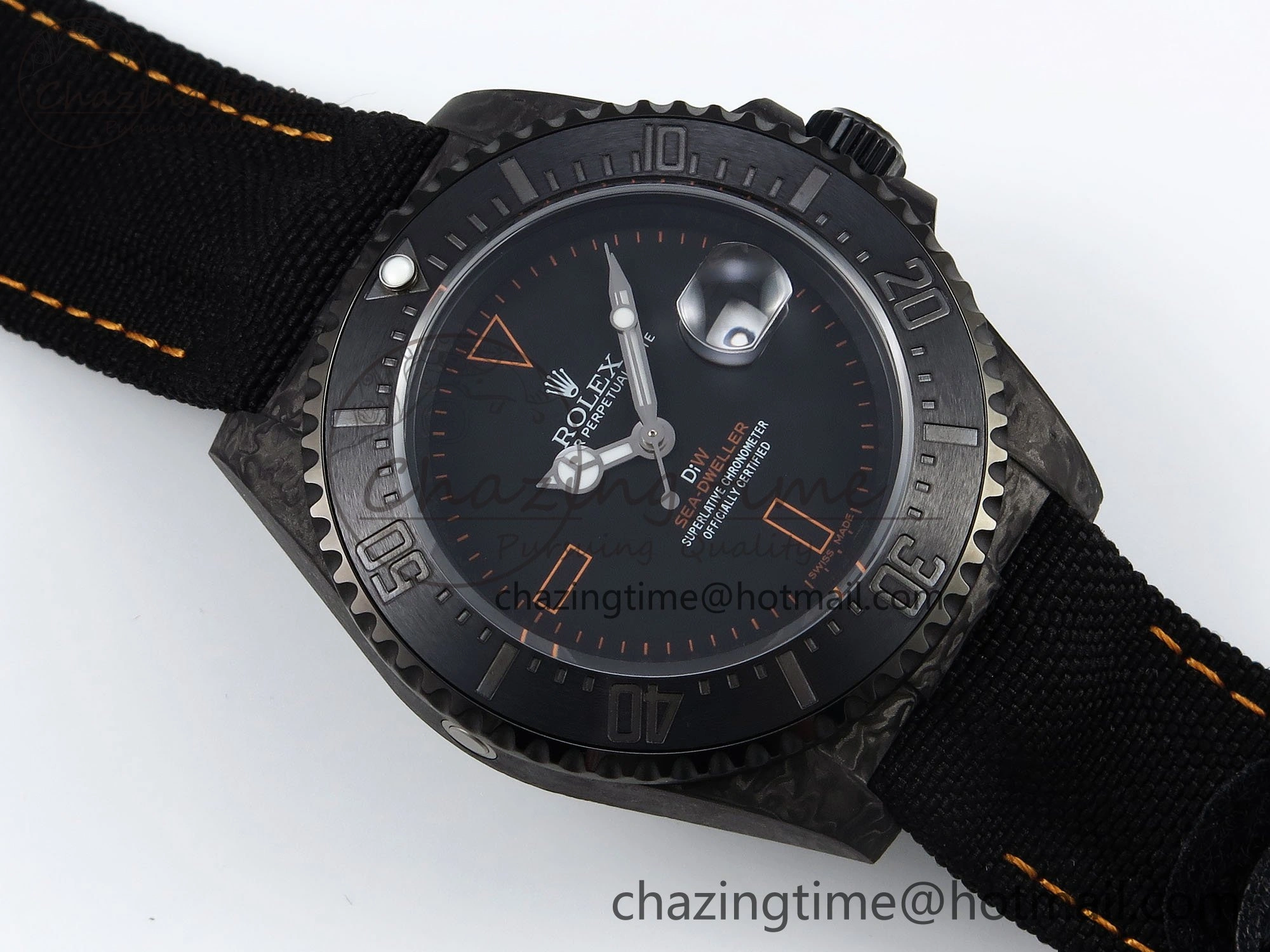 Sea Dweller 43mm Carbon DIWF Best Edition Black Dial Orange Markers on Black Nylon Strap A2824
