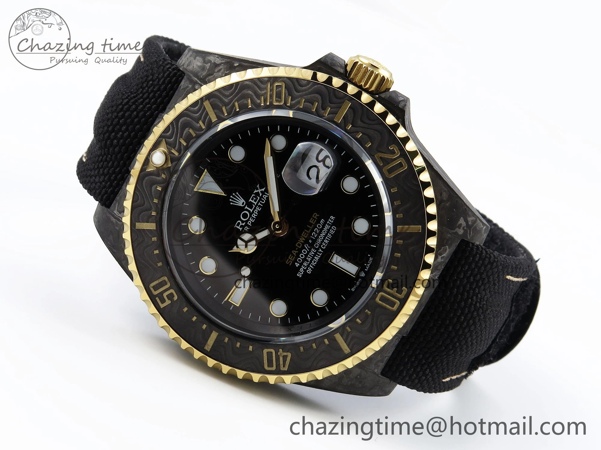 Sea Dweller 43mm Carbon DIWF Best Edition Black Dial YG Bezel on Black Nylon Strap A2824