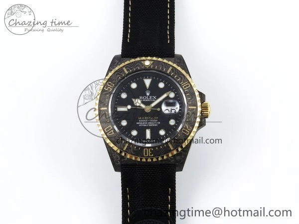 Sea Dweller 43mm Carbon DIWF Best Edition Black Dial YG Bezel on Black Nylon Strap A2824