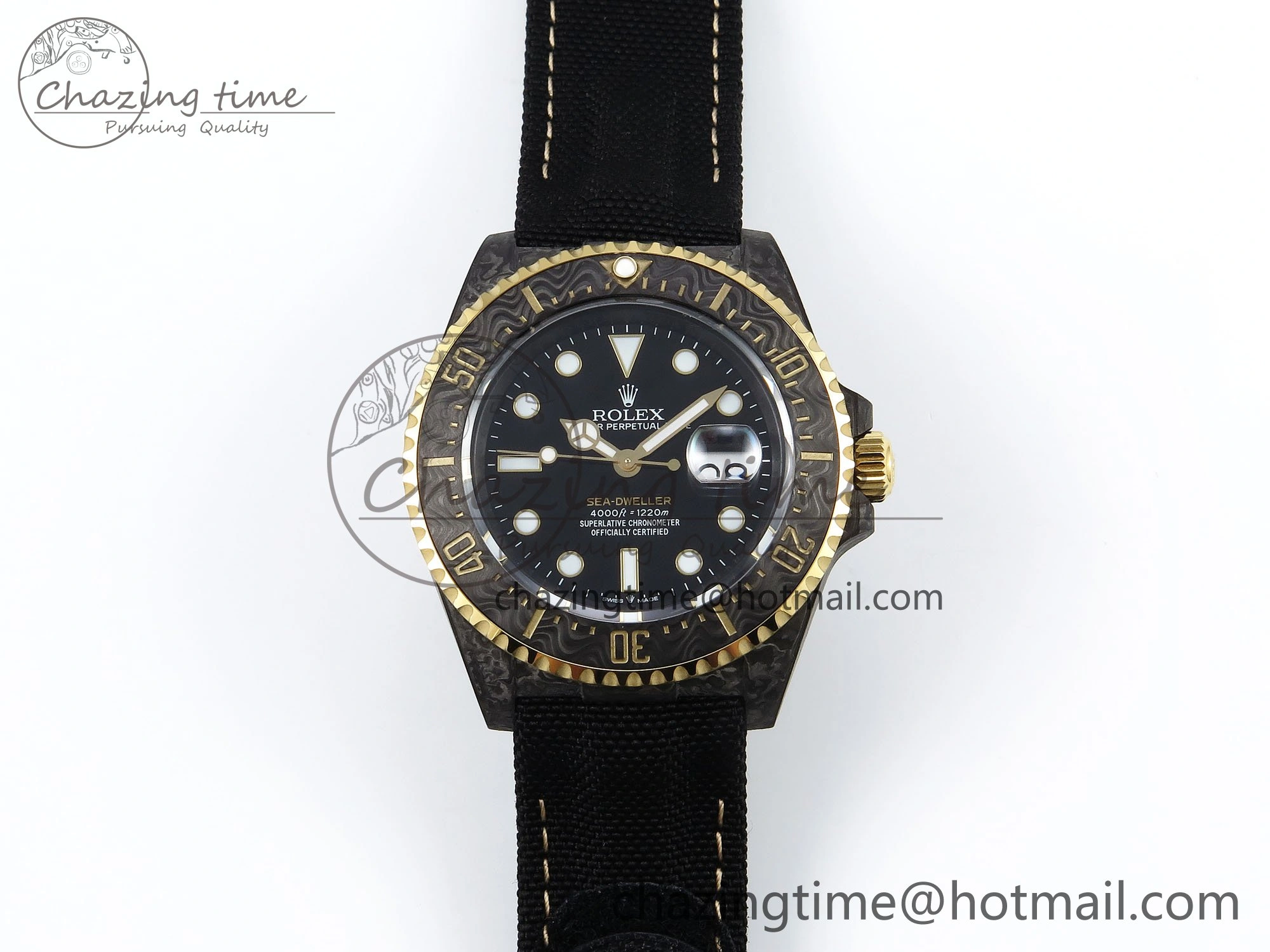 Sea Dweller 43mm Carbon DIWF Best Edition Black Dial YG Bezel on Black Nylon Strap A2824