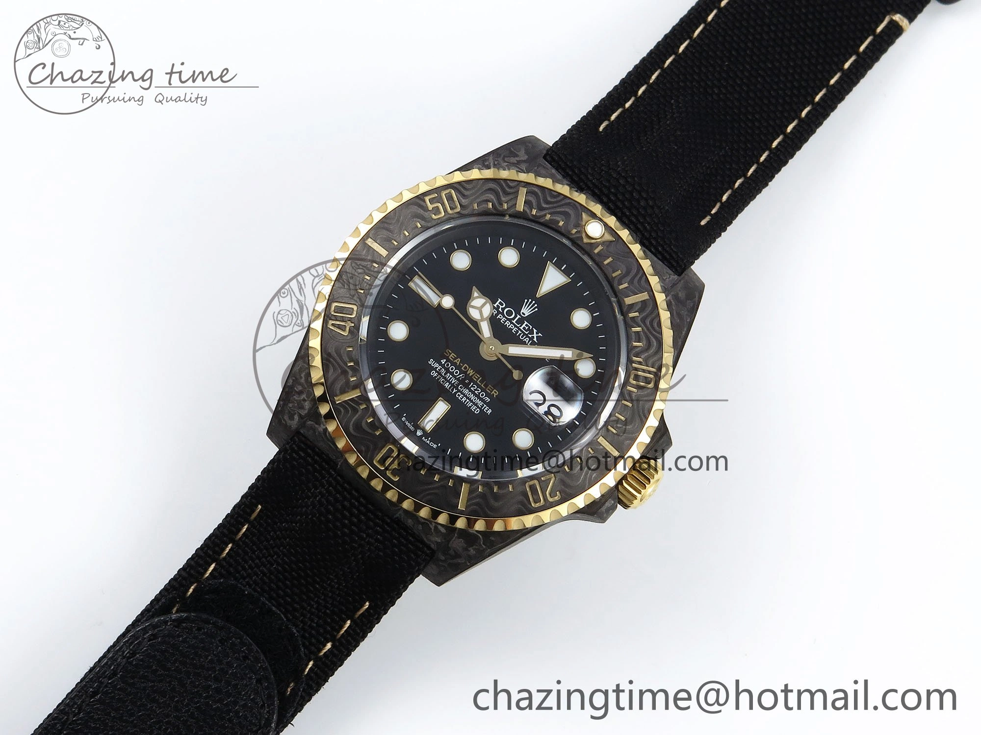 Sea Dweller 43mm Carbon DIWF Best Edition Black Dial YG Bezel on Black Nylon Strap A2824