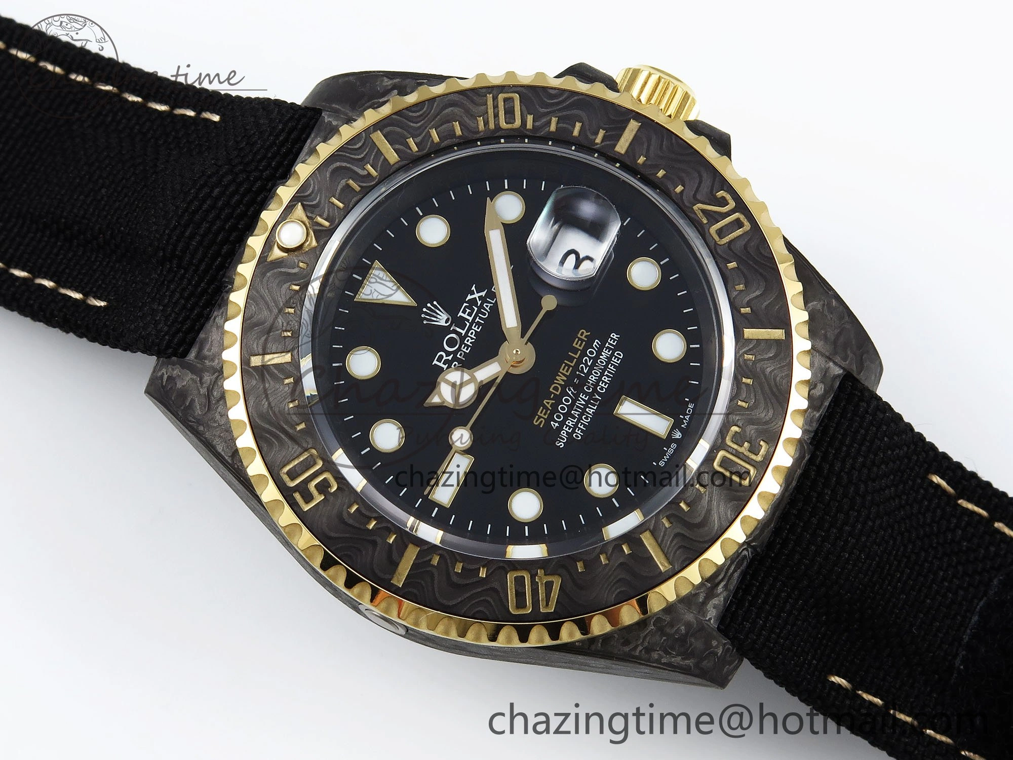 Sea Dweller 43mm Carbon DIWF Best Edition Black Dial YG Bezel on Black Nylon Strap A2824