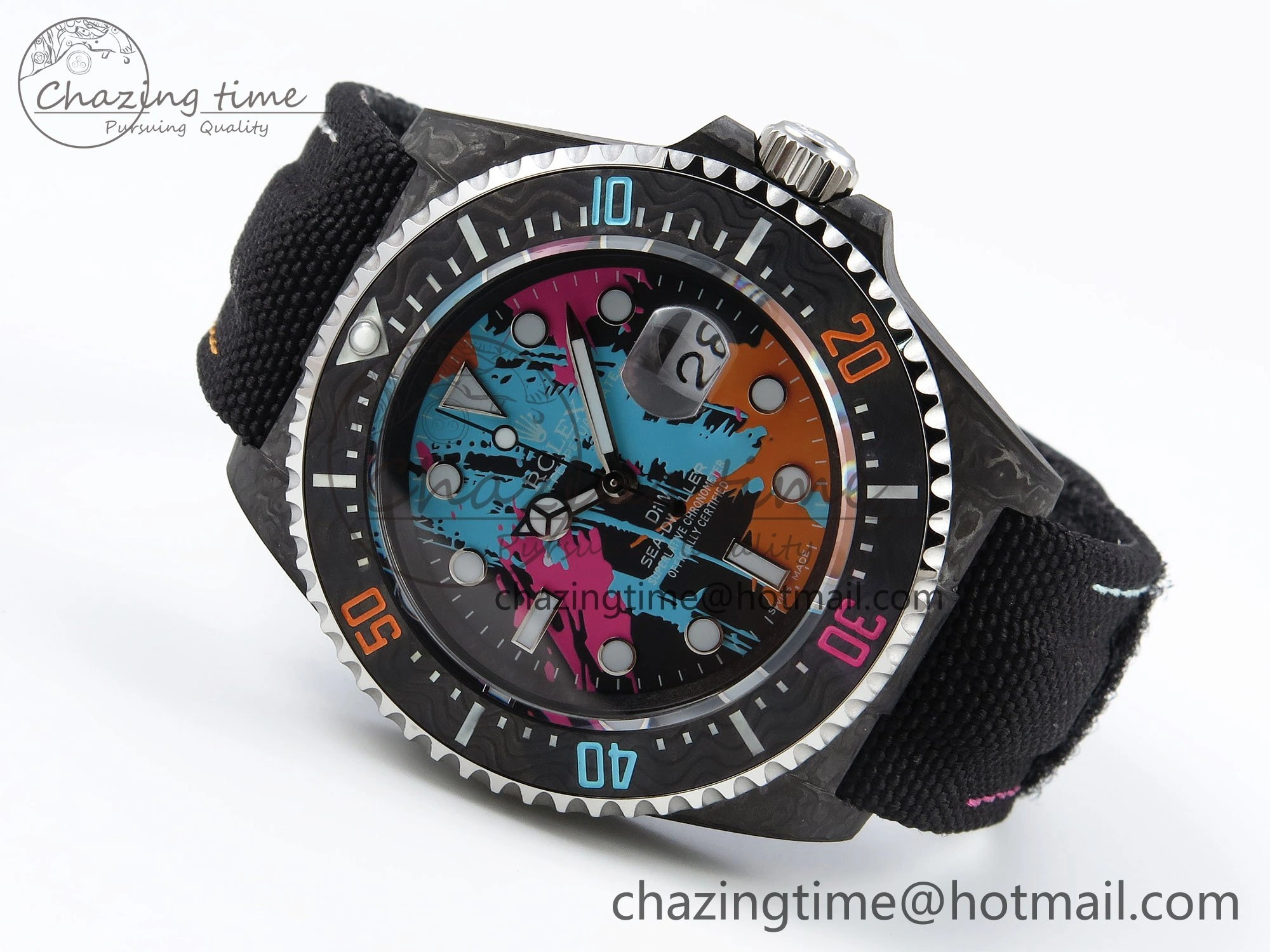 Sea Dweller 43mm Carbon DIWF Best Edition Graffiti Dial on Black Nylon Strap A2824