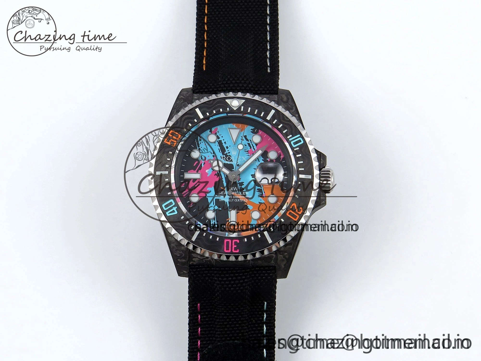 Sea Dweller 43mm Carbon DIWF Best Edition Graffiti Dial on Black Nylon Strap A2824