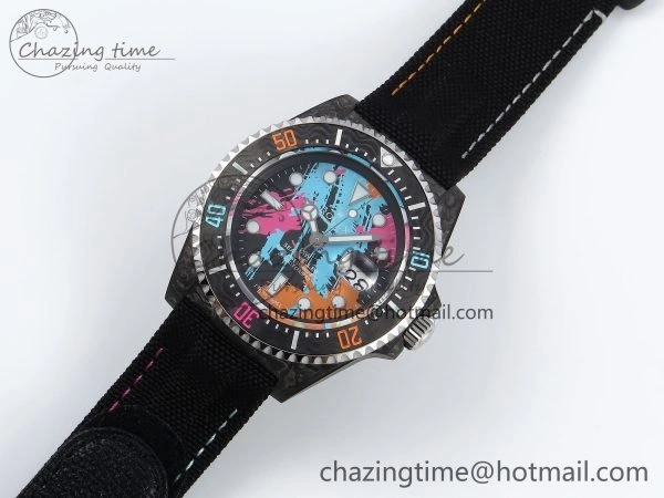 Sea Dweller 43mm Carbon DIWF Best Edition Graffiti Dial on Black Nylon Strap A2824