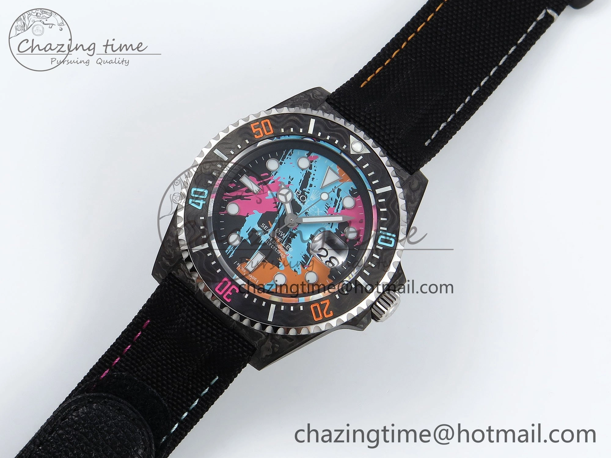 Sea Dweller 43mm Carbon DIWF Best Edition Graffiti Dial on Black Nylon Strap A2824