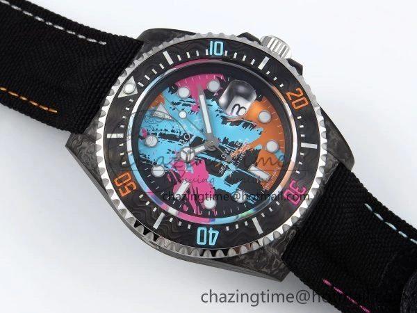 Sea Dweller 43mm Carbon DIWF Best Edition Graffiti Dial on Black Nylon Strap A2824