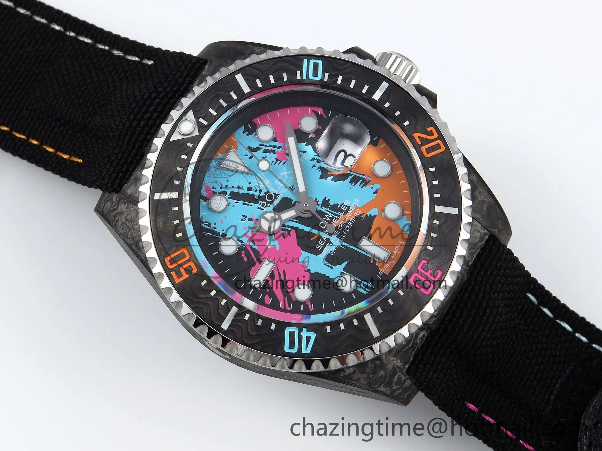 Sea Dweller 43mm Carbon DIWF Best Edition Graffiti Dial on Black Nylon Strap A2824