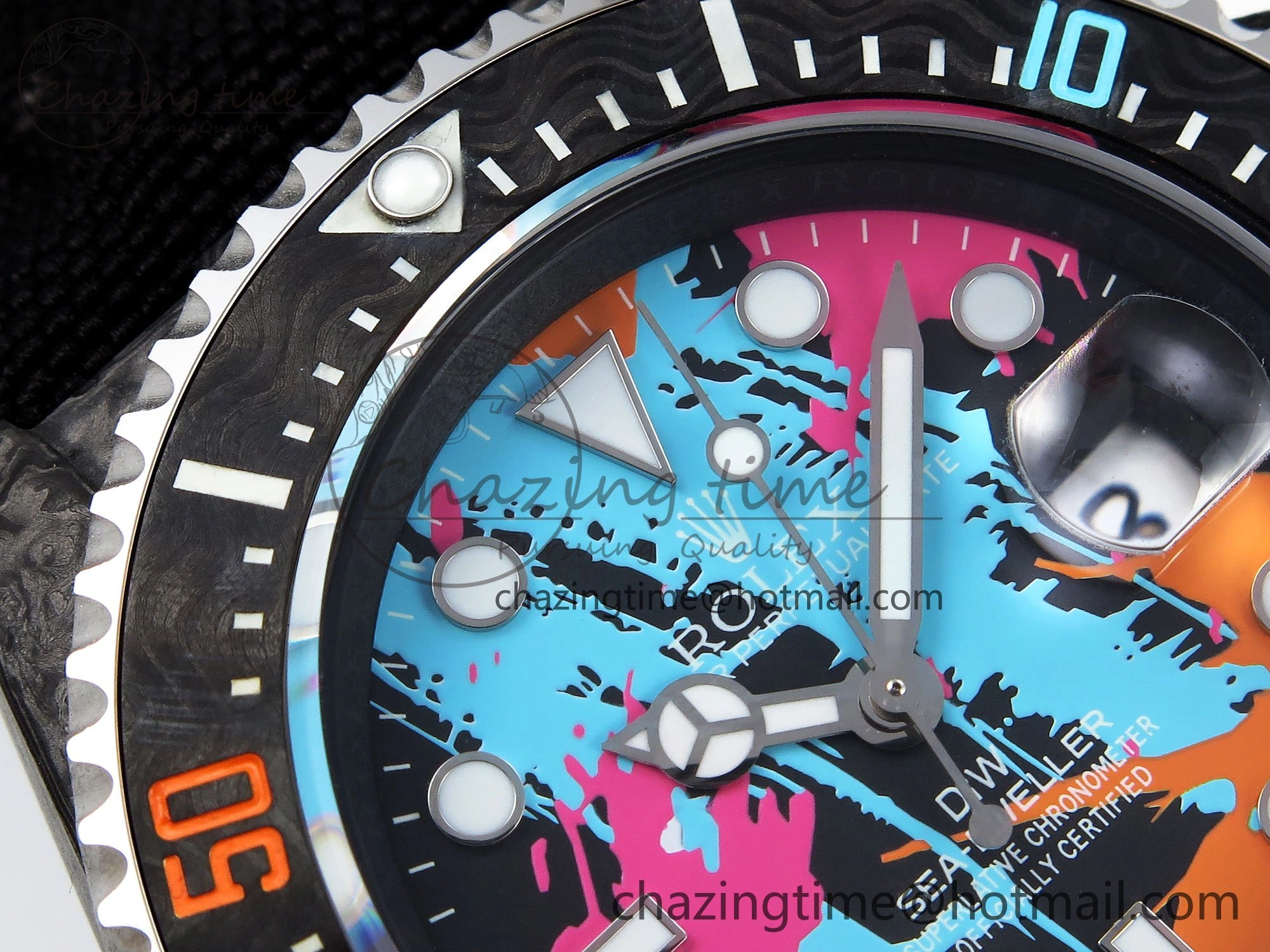 Sea Dweller 43mm Carbon DIWF Best Edition Graffiti Dial on Black Nylon Strap A2824