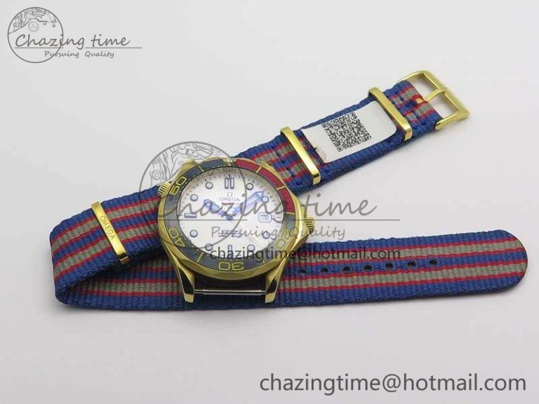 Seamaster 300M 007 YG URF 1:1 Best Edition White Dial Ceramic Bezel On Nylon Strap A2507