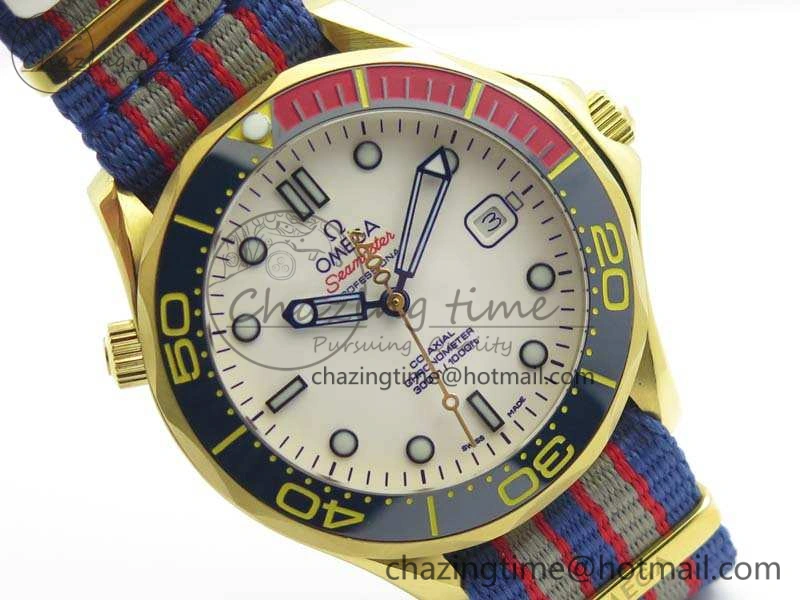 Seamaster 300M 007 YG URF 1:1 Best Edition White Dial Ceramic Bezel On Nylon Strap A2507