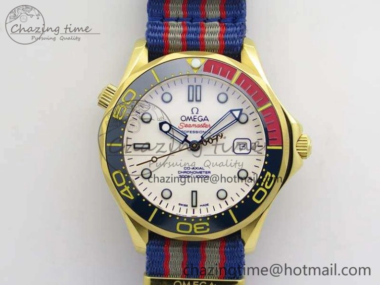 Seamaster 300M 007 YG URF 1:1 Best Edition White Dial Ceramic Bezel On Nylon Strap A2507