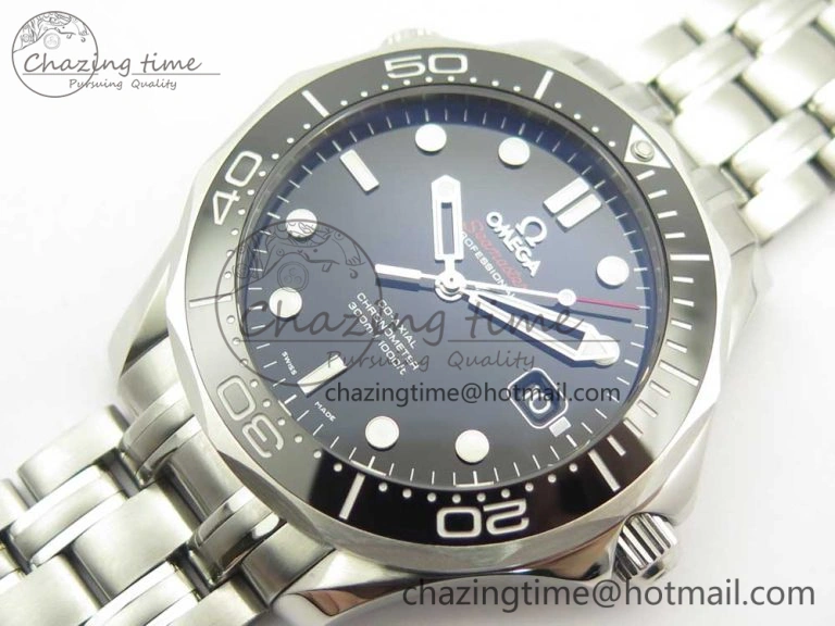 Seamaster 300M Chronometer SS Black OMF 1:1 Best Edition on SS Bracelet A2824 (Black Balance Wheel) V2