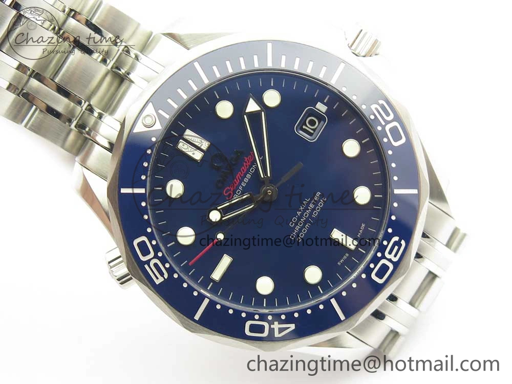 Seamaster 300M Chronometer SS Blue OMF 1:1 Best Edition on SS Bracelet A2824 (Black Balance Wheel) V2