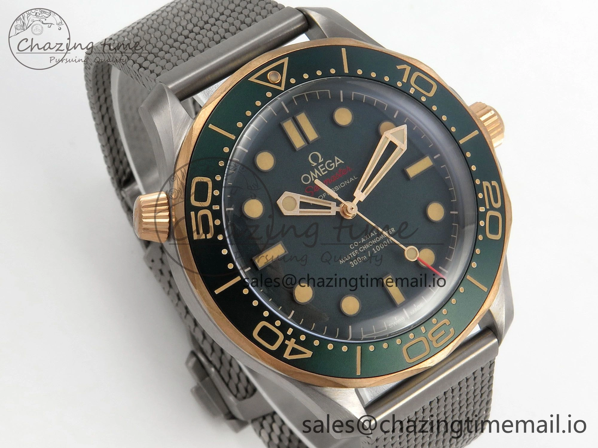 Seamaster 300M Diver Titanium Bronze Gold VSF 1:1 Best Edition Green Dial on Titanium Mesh Bracelet A8806