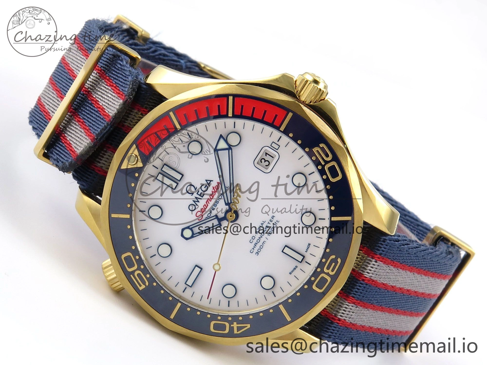 Seamaster 300m Diver YG OMF 1:1 Best Edition Blue Orange Ceramic White Dial on Blue Nato Strap A2507