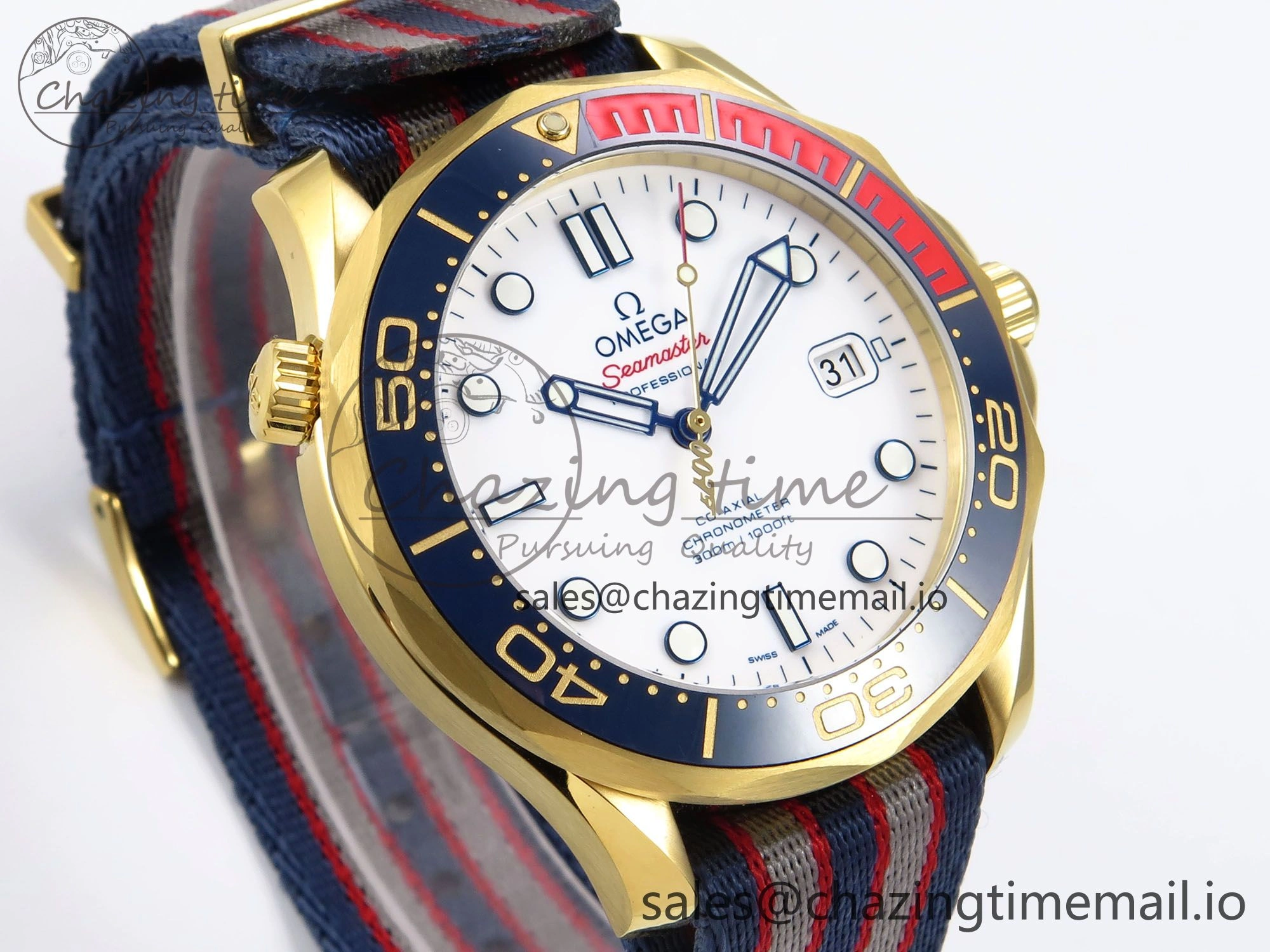Seamaster 300m Diver YG OMF 1:1 Best Edition Blue Orange Ceramic White Dial on Blue Nato Strap A2507