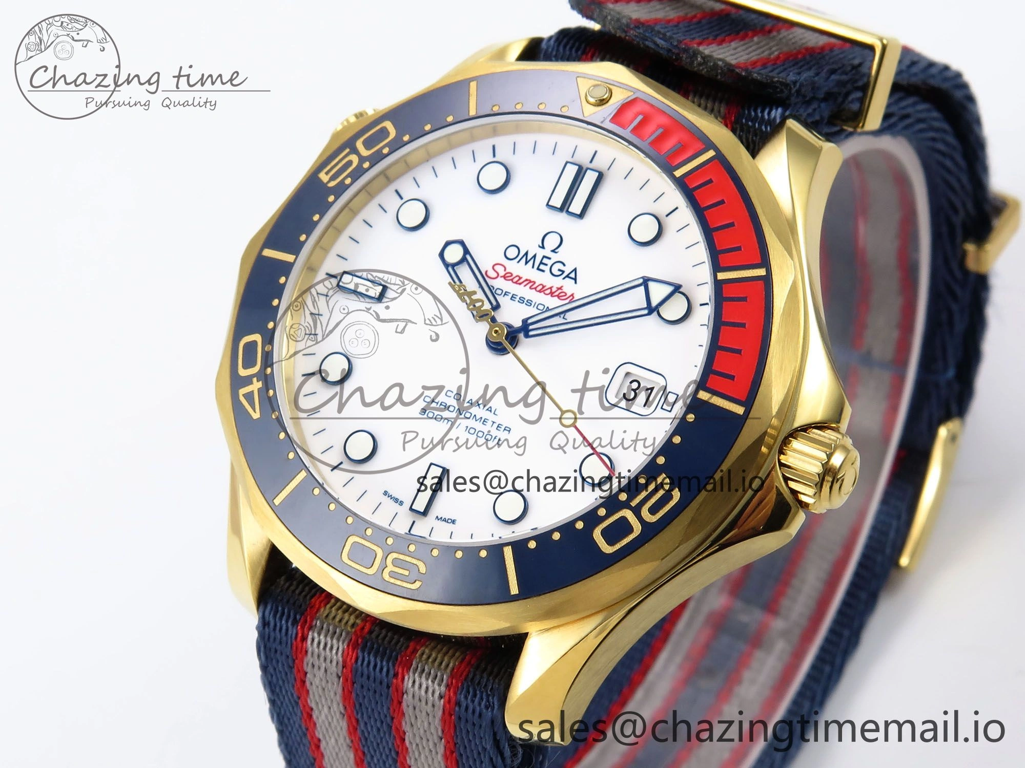 Seamaster 300m Diver YG OMF 1:1 Best Edition Blue Orange Ceramic White Dial on Blue Nato Strap A2507