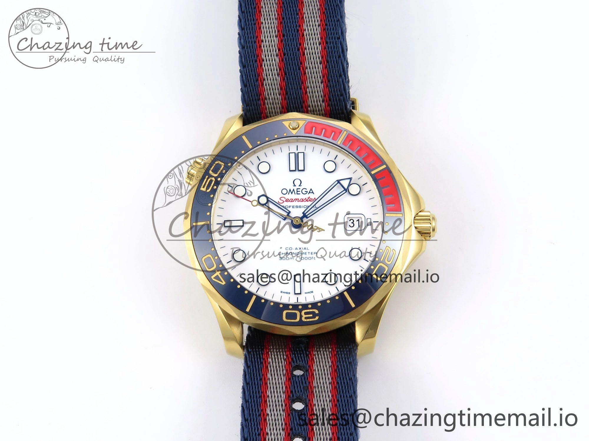 Seamaster 300m Diver YG OMF 1:1 Best Edition Blue Orange Ceramic White Dial on Blue Nato Strap A2507