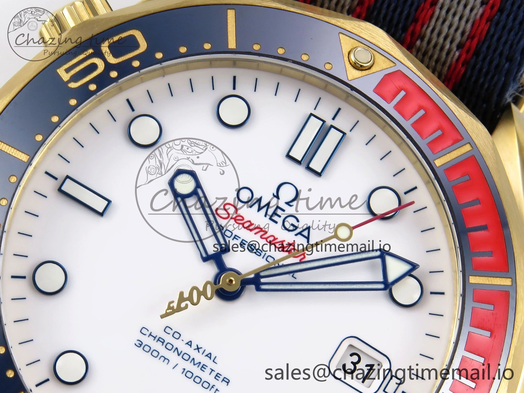 Seamaster 300m Diver YG OMF 1:1 Best Edition Blue Orange Ceramic White Dial on Blue Nato Strap A2507