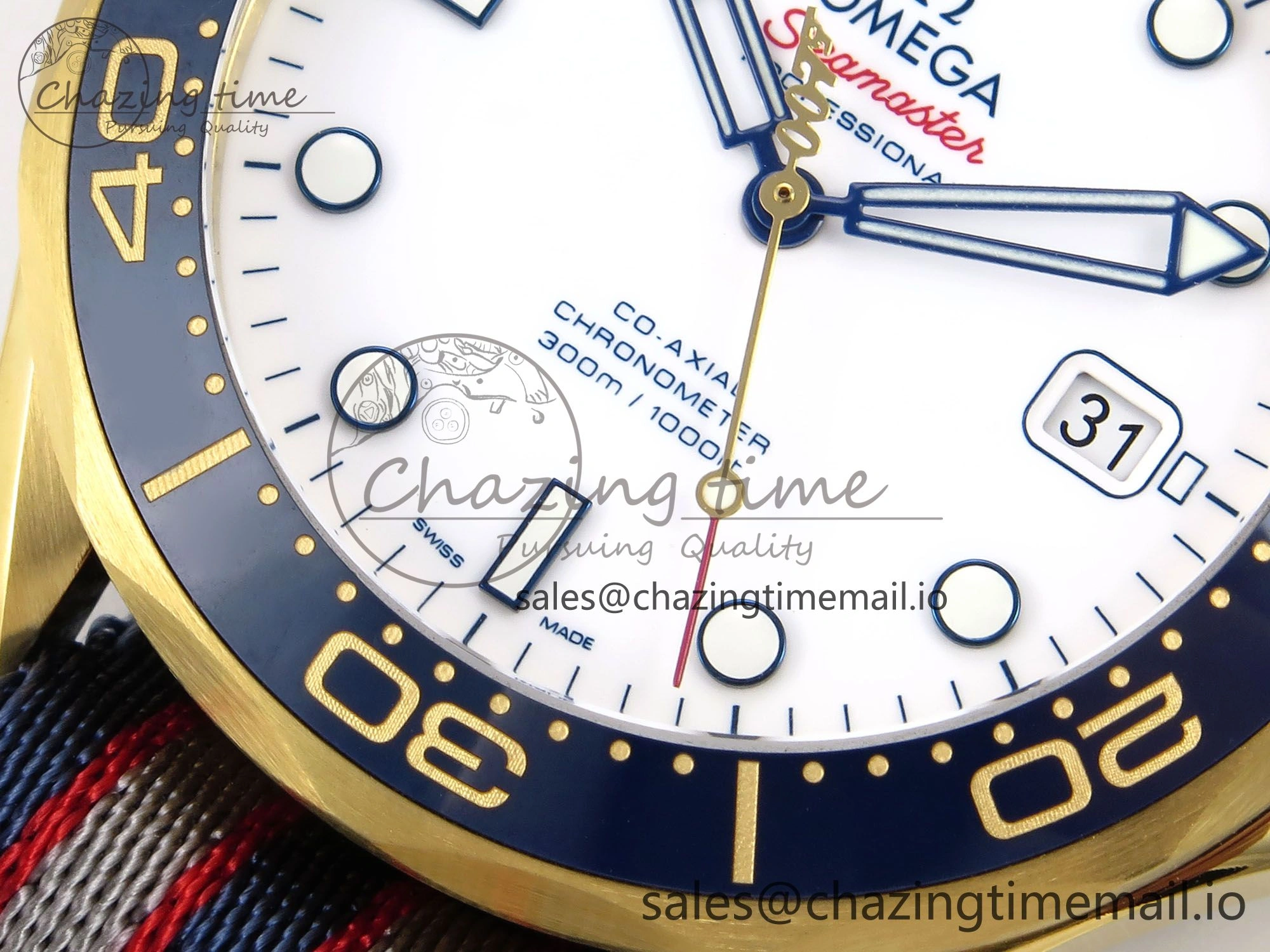 Seamaster 300m Diver YG OMF 1:1 Best Edition Blue Orange Ceramic White Dial on Blue Nato Strap A2507