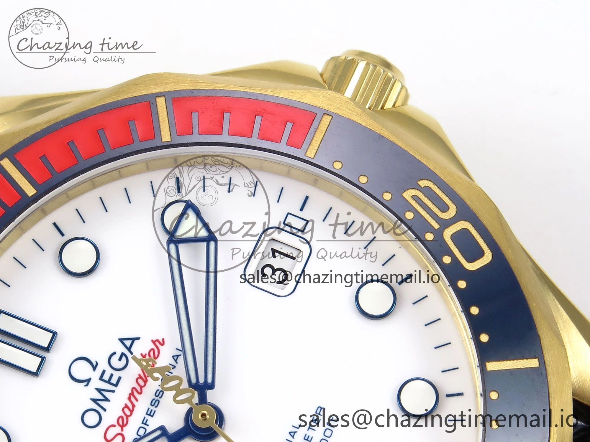 Seamaster 300m Diver YG OMF 1:1 Best Edition Blue Orange Ceramic White Dial on Blue Nato Strap A2507