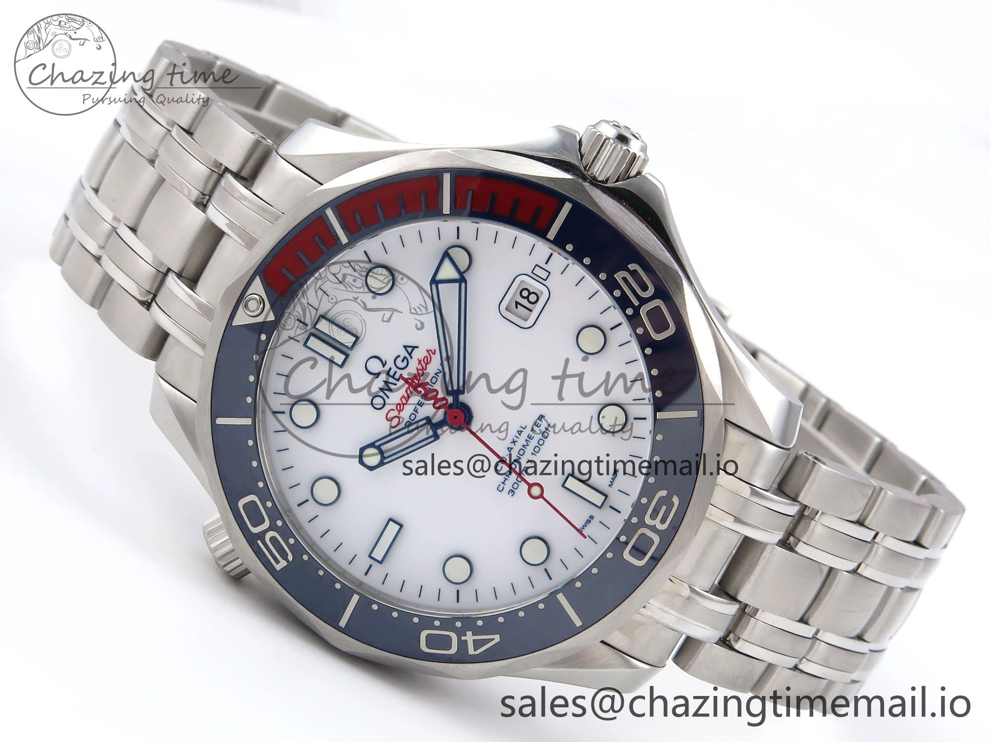 Seamaster Diver 300M OMF 1:1 Best Edition Blue Red Ceramic White Dial on SS Bracelet A2507